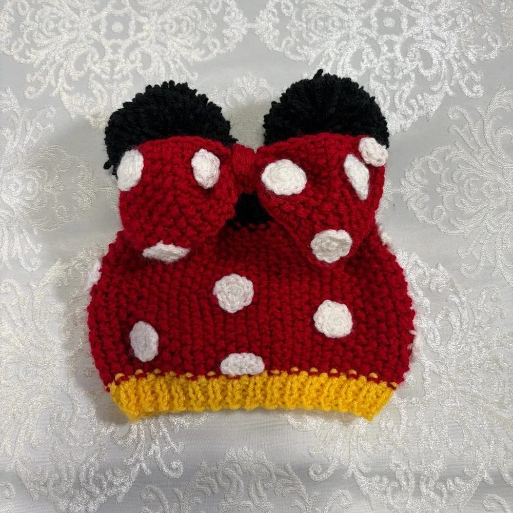 Hand knit Kids Minnie Mouse Pom Pom Beanie Toboggan